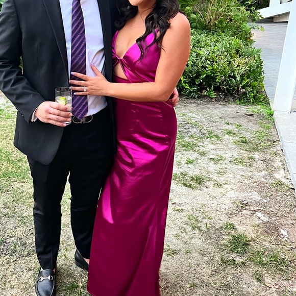 hot pink formal dress with sleeves Hot Pink Satin Prom Dress with Corset Bodice and Basque Waist – AS039 –  Viniodress main image 1